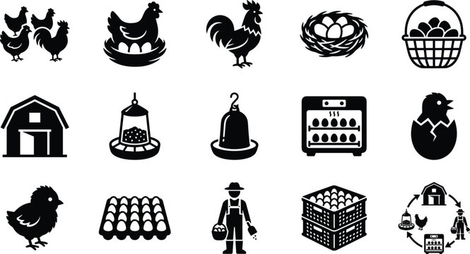 Set of black poultry farming icons representing chickens eggs and equipment