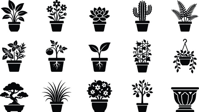 Set of black silhouette icons of various potted indoor houseplants and garden plants