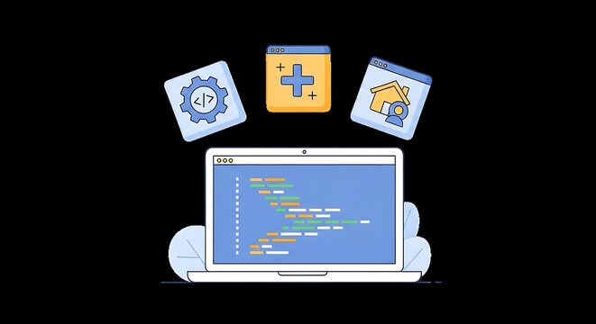 A flat vector illustration depicting a laptop computer screen displaying source code surrounded by icons representing programming and web development