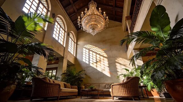 Vintage interior hall with high ceiling crystal chandelier and rattan furniture near plants