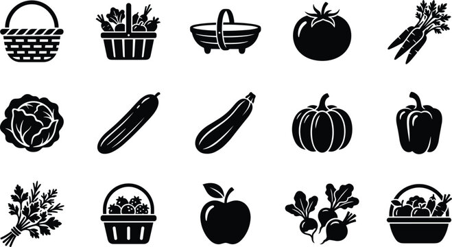 Set of black silhouette vegetable and fruit icons for farming and grocery store design