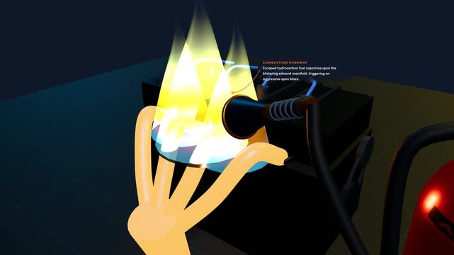 3D animation explaining the mechanism of a dry chemical fire extinguisher suppressing an engine fire using monoammonium phosphate to create a vitrified glaze barrier