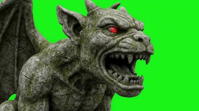 Cinematic 4K Monstrous Stone Gargoyle Roaring with Glowing Red Eyes on a Green Screen Background