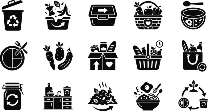 Set of food waste recycling and sustainable consumption flat black icons