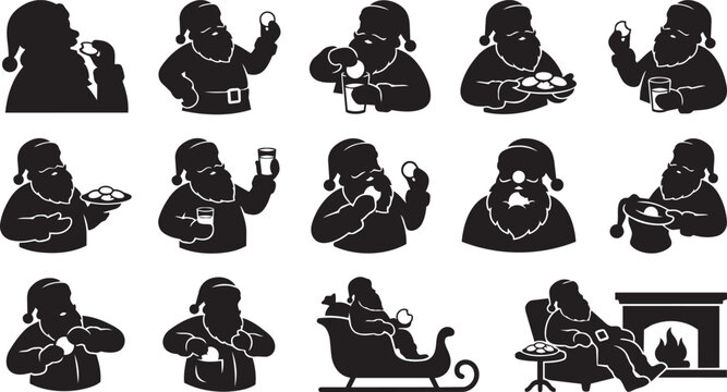 Twelve black and white santa claus silhouettes showing him eating cookies, drinking milk, and relaxing by a fireplace on christmas holiday