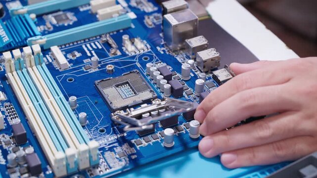 hand installing a central processing unit CPU microprocessor chip into computer motherboard socket as a conceptual metaphor for AI hardware technology computer engineering data infrastruct