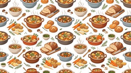 Fototapeta premium Hearty Stews and Rustic Vegetables Seamless Pattern A Delicious Backdrop of Home-Cooked Meals and Fresh Ingredients