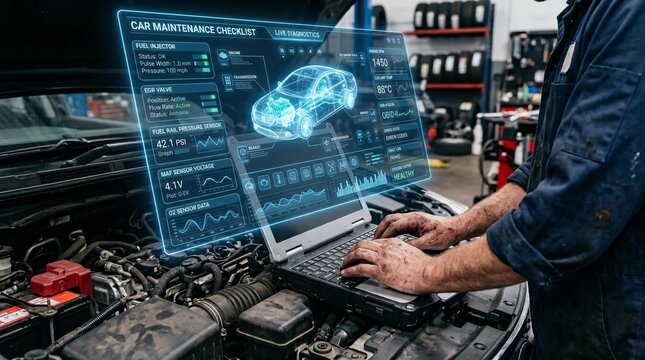 Automotive technician typing on a laptop with an advanced digital car maintenance checklist hologram displaying.