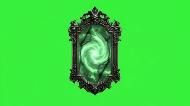 Cinematic 4K Ornate Gothic Mirror with Swirling Green Magic Vortex on Green Screen Background for Horror and Fantasy Projects