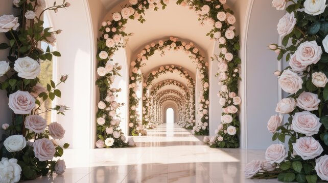 A romantic marble hallway decorated with lush pale pink rose arches for elegant wedding event backdrops