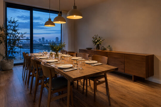 Rental party room at dusk with long wooden dining table set for dinner, warm pendant lights and city view window