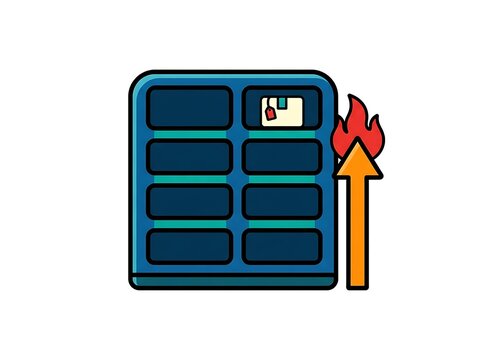 Vector icon of a warehouse shelf with a single package and rising fire arrow