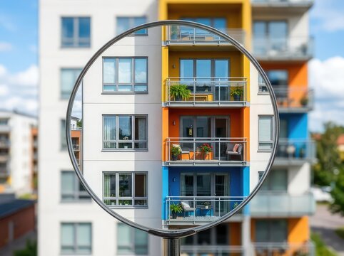 Searching for an apartment through a magnifying glass focused on windows and balconies of a multistory residential building facade, real estate, observation, property