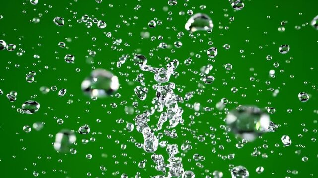 Crystal clear fizzy water being poured into a glass, creating splashes and bubbles against a solid green background for chroma keying