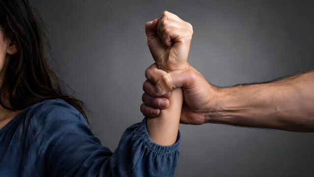 A man's hand tightly grips and restrains the wrist of a distressed woman in blue, portraying an act of domestic violence, abuse, and aggression.