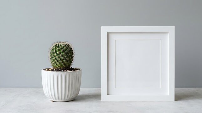 Small green cactus in a white pot with an empty photo frame