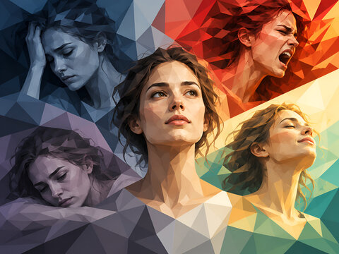 Geometric Portrait of a Woman Surrounded by Different Emotional Expressions