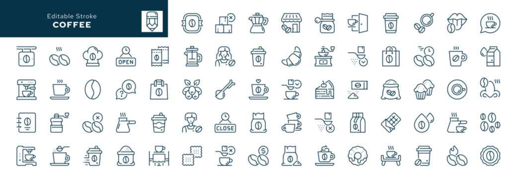 Coffee. Set of outline icons. Bean and instant coffee. Hot drink. Line icon in linear style. Vector collection	