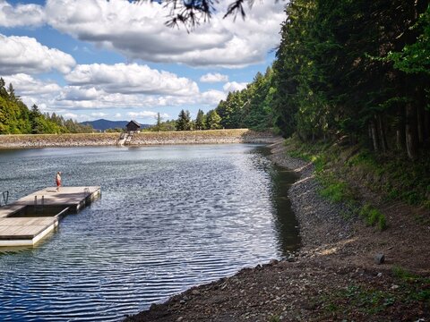 Klinger tajch, a historic mining reservoir near Bansk&aacute; &Scaron;tiavnica (Selmecb&aacute;nya), Slovakia, on a summer day 