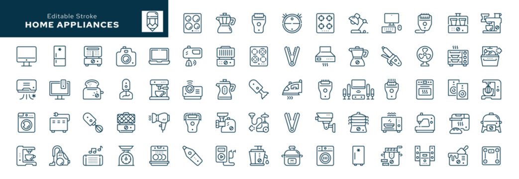 Home appliances. Set of outline icons. Household appliances, equipment, electrical appliances and devices for the home. Line icon in linear style. Vector collection	