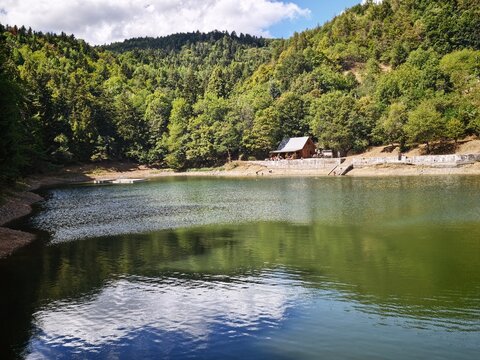 Klinger tajch, a historic mining reservoir near Bansk&aacute; &Scaron;tiavnica (Selmecb&aacute;nya), Slovakia, on a summer day 