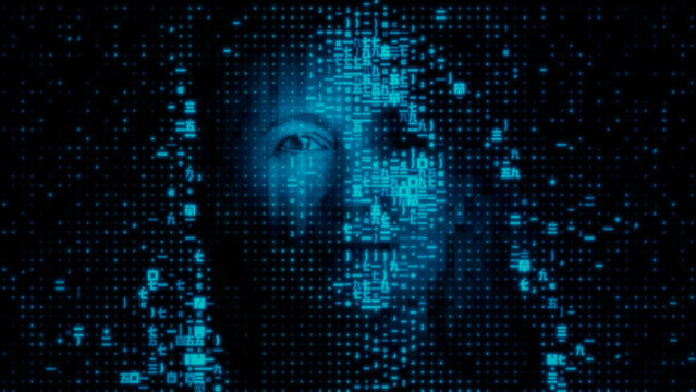 Woman's Face dissolving into Computer Data. Biometric Border Control Concept.