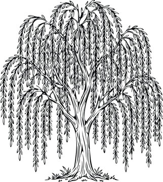 Weeping willow tree vector drawing with long hanging branches for landscape design.