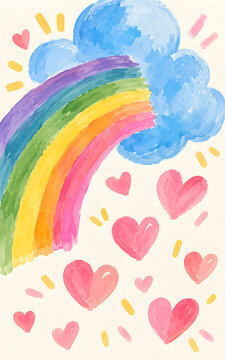 Cheerful watercolor design featuring a rainbow, cloud and heart symbols with a positive message.
