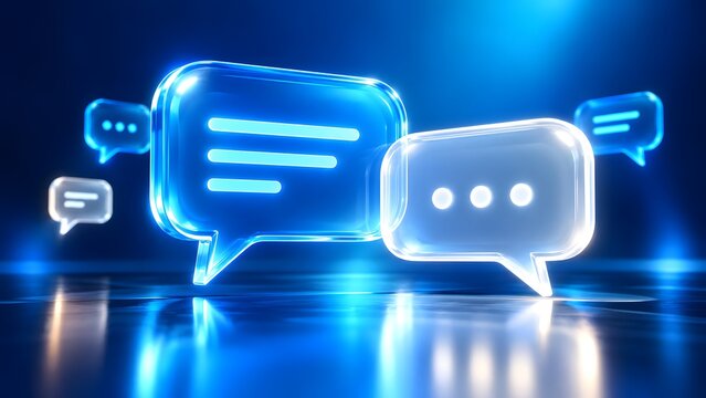 Transparent glowing blue chat bubbles representing digital communication and online messaging interface