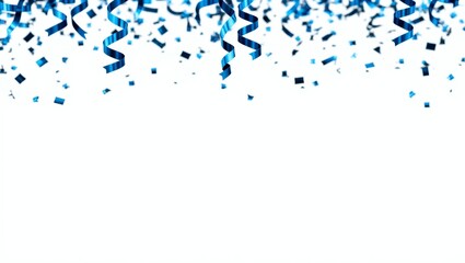 Fototapeta premium Blue metallic confetti and curled ribbon streamers are falling against a white background, creating a cheerful, festive celebration