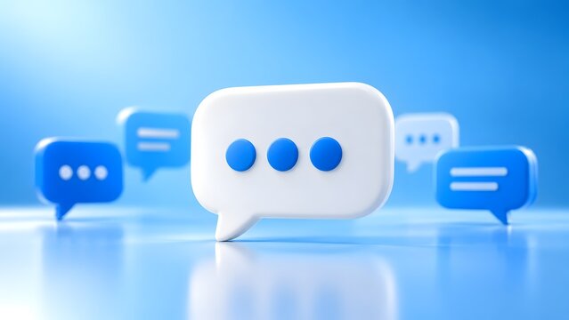 Matte 3d chat bubbles in blue and white on flat background symbolizing clear team discussion and dialogue