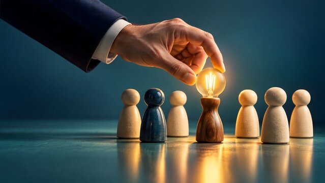 Hand in Suit selecting a glowing light bulb from a line of wooden peg figures representing people symbolizing idea generation and innovation