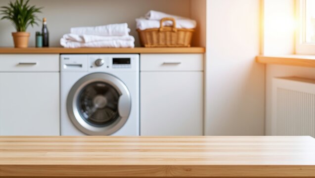 Empty wooden table in foreground, blurred bright laundry room background with washing machine, white cabinets, and folded towels