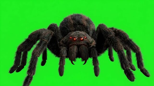 Spooky 4K Giant Hairy Tarantula Spider Crawling Forward on Chroma Key Green Screen with Menacing Glowing Red Eyes