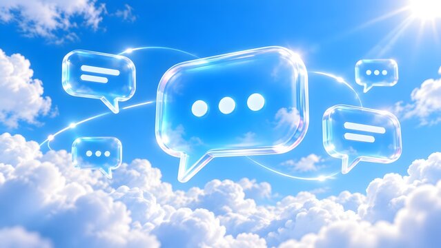 Transparent glass chat bubbles in sunny sky connected by glowing network lines representing global communication