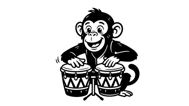 Happy monkey playing two bongo drums with a joyful expression.