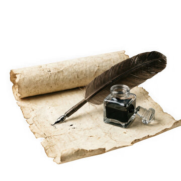 Old parchment scroll with a feather quill pen and ink bottle isolated on transparent background