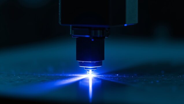 Industrial laser machine processing a material, representing modern manufacturing, automation, and high technology production