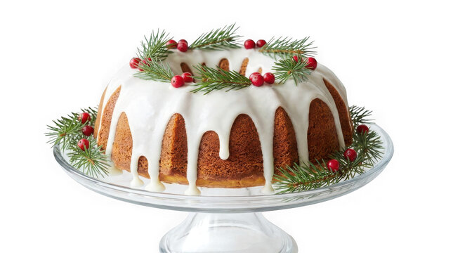 Bundt cake with white icing, cranberries, and pine branches isolated on transparent background