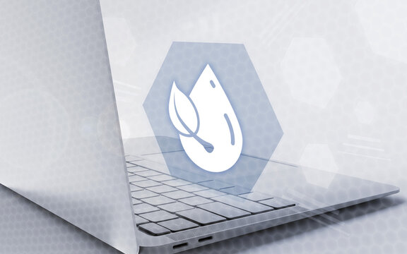Aplicaci&oacute;n inform&aacute;tica ecol&oacute;gica y sostenibilidad digital en ordenador port&aacute;til. Tecnolog&iacute;a verde para conservaci&oacute;n ambiental y eficiencia energ&eacute;tica en empresas.