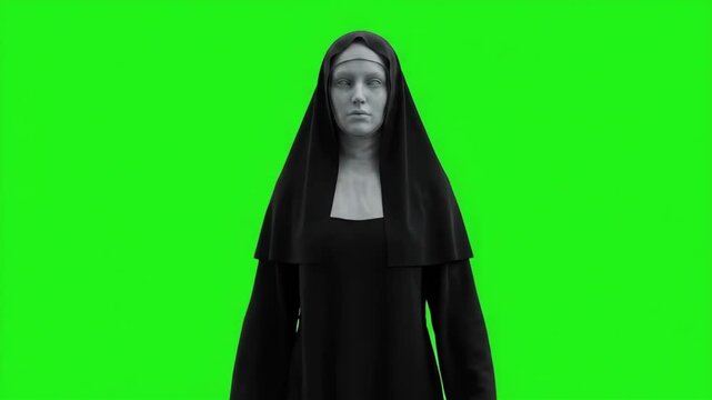 Terrifying 4K Spooky Nun with Pale Dead Eyes Standing Still against Bright Green Screen Chroma Key Background for Horror