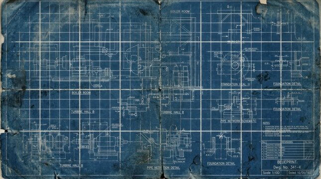 A weathered blueprint displays a schematic of a power plant, including a boiler room, turbine hall, and foundation details. The blueprint is affixed to a dark, textured wall.