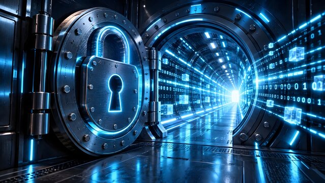 Open metallic bank vault door with glowing blue padlock symbol revealing digital data tunnel representing cyber security and information protection
