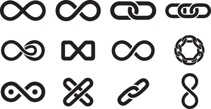 Infinite Loop and Link Icons Minimalist Black Vector Pack.