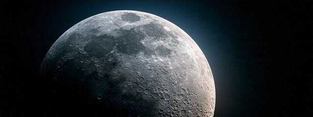 Fototapeta premium Detailed close-up view of the moon surface with craters and dark mare
