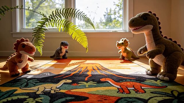 Plush dinosaur toys on colorful carpet with sunlight and fern plant by window