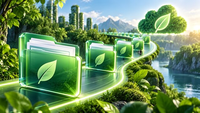 Green glass folders with leaf icons moving towards a glowing cloud over a natural landscape representing eco-friendly cloud storage and sustainable data management