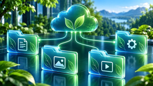 Green glass folders connected to glowing eco cloud representing sustainable digital archiving and environmentally friendly data network