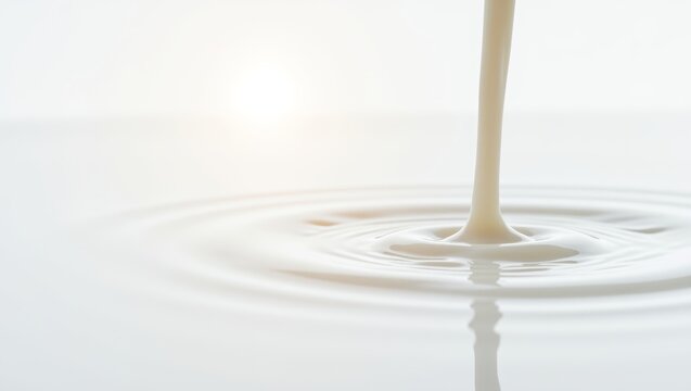 Creamy milk pouring, forming delicate ripples on a smooth white surface, symbolizing freshness and purity