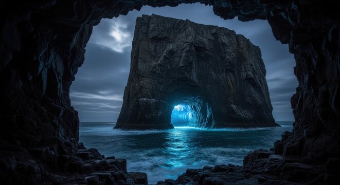 Bioluminescent sea stack rock formation viewed from inside a dark coastal cave at twilight